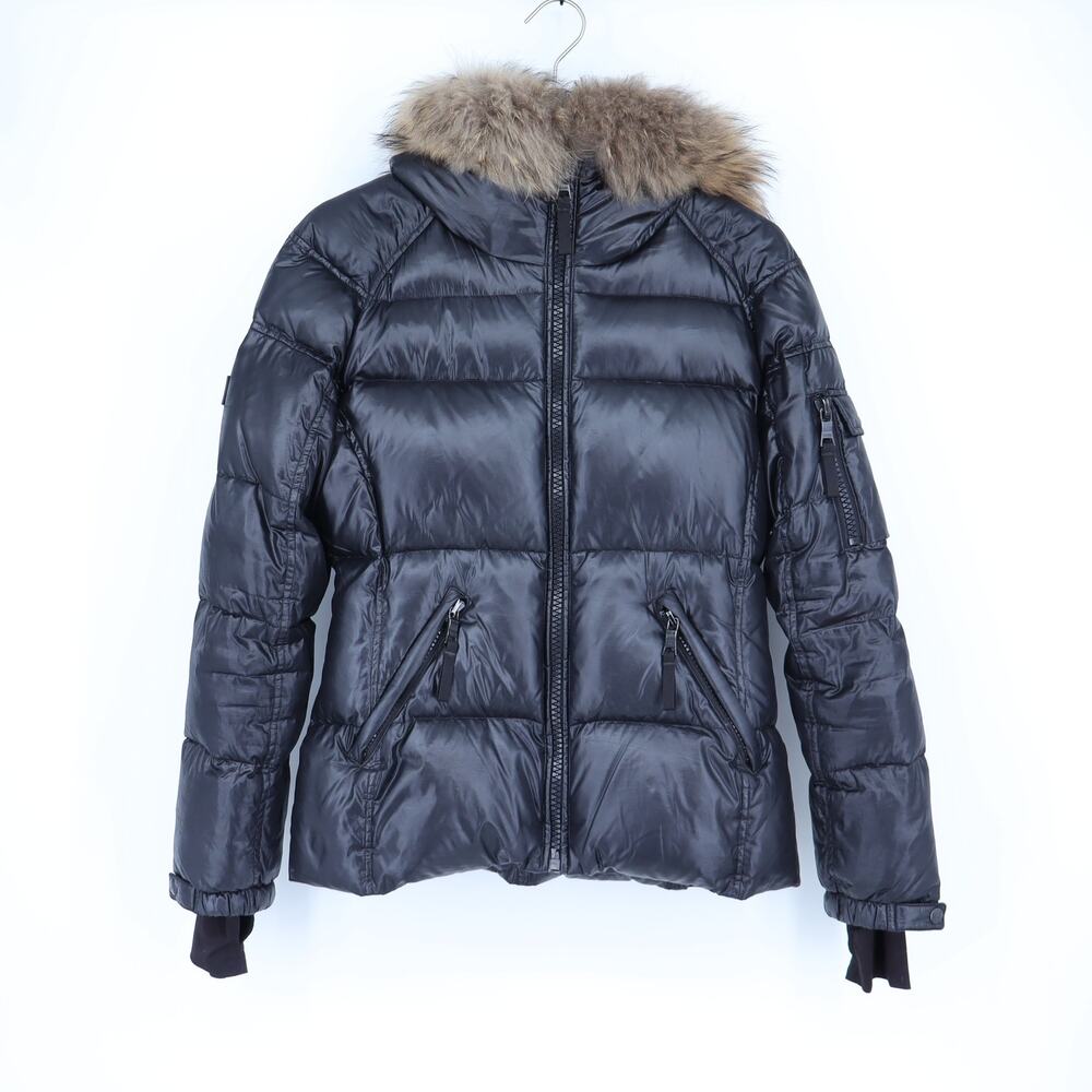 SAM. Blake Down Puffer Coat Black Raccoon Trim Quilted Jacket Women's M